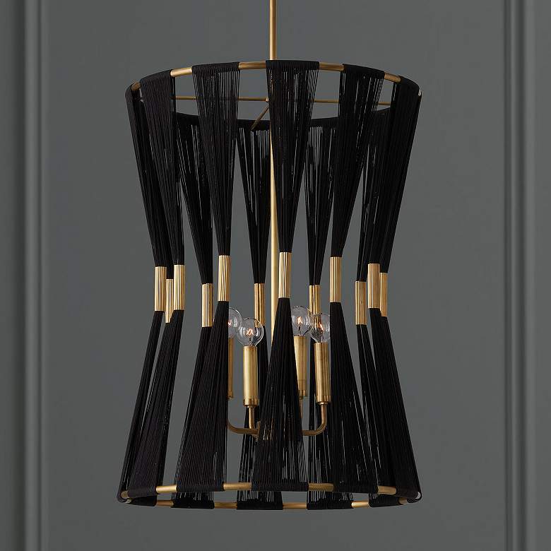 Image 1 Bianca 19 1/2"W Black Rope Brass Metal 4-Light Foyer Pendant