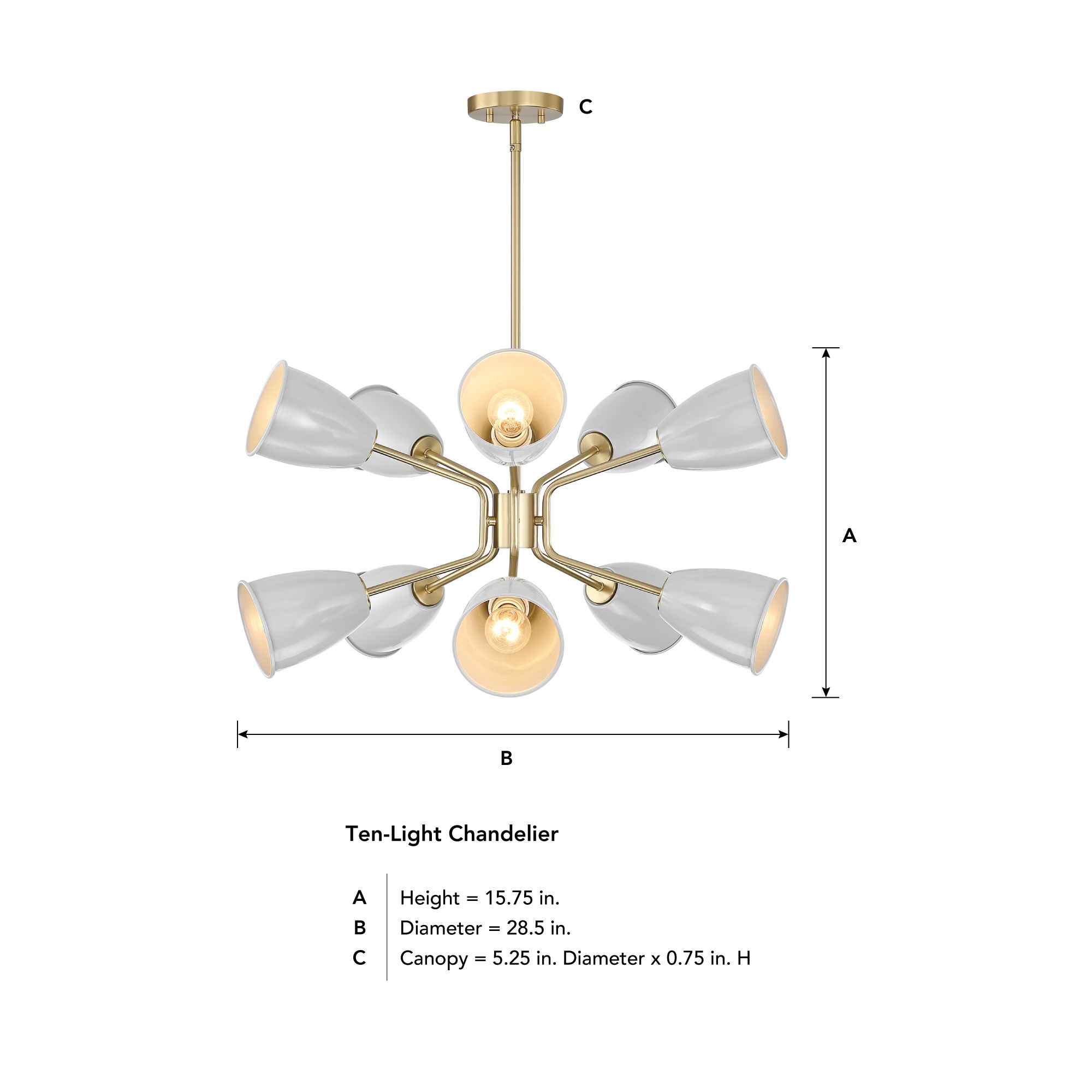 Biba 28.5 in. 10-Light Brushed Gold Modern Chandelier with Metal Shades