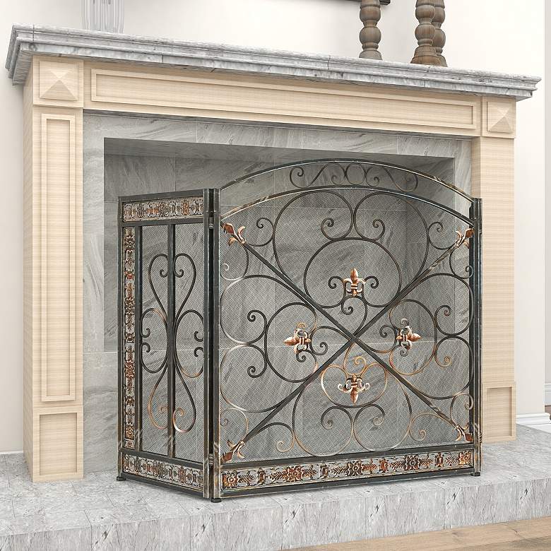 Image 1 Big Easy Black 31"H 3-Panel Fleur De Lis Fireplace Screen