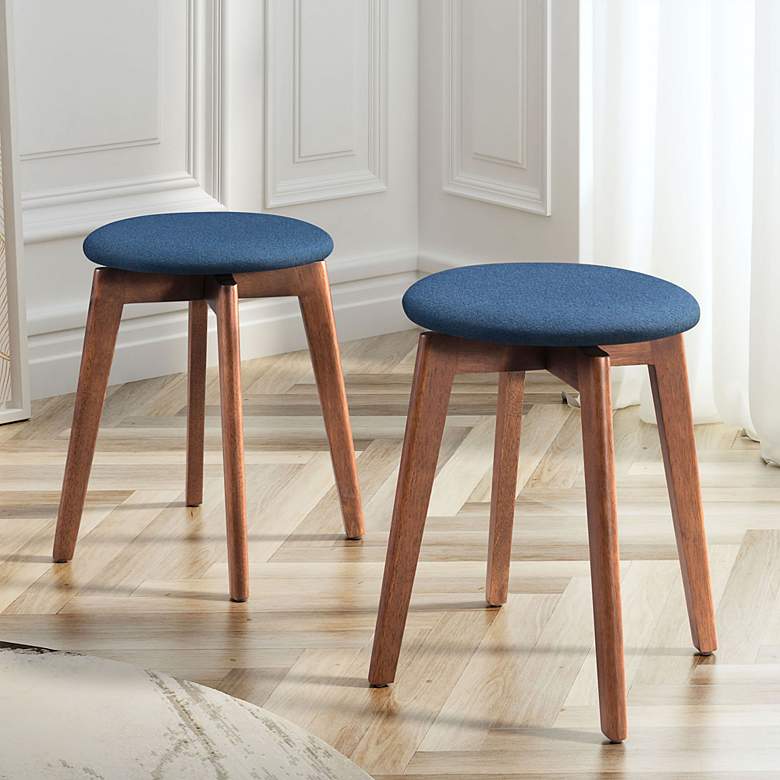 Image 1 Billy 19 1/4" Blue Fabric and Walnut Accent Stools Set of 2