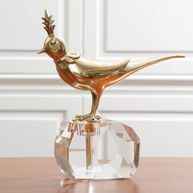 Image 1 Bird On Crystal Rock 12"H Vintage Style Brass Sculpture
