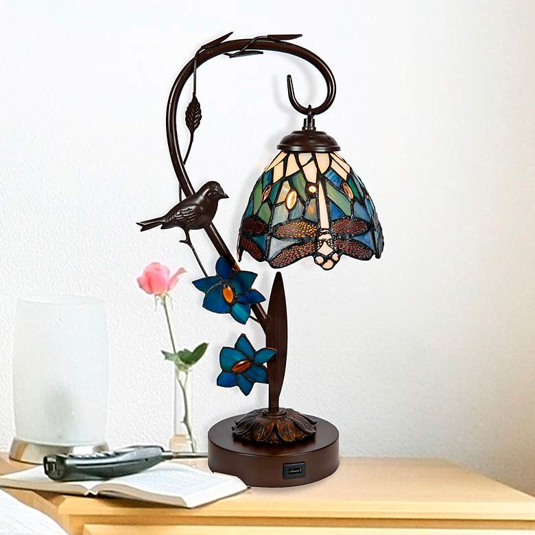 Image 1 Bird On Vine Dragonfly 18"H Antique Bronze Accent Table Lamp