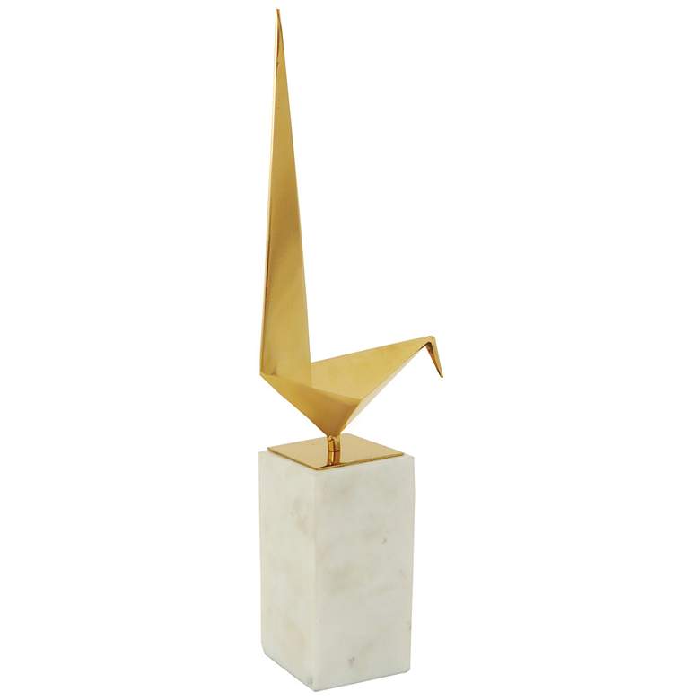Image 1 Bird Statue III - Gold Finish on Metal with White Marble Base