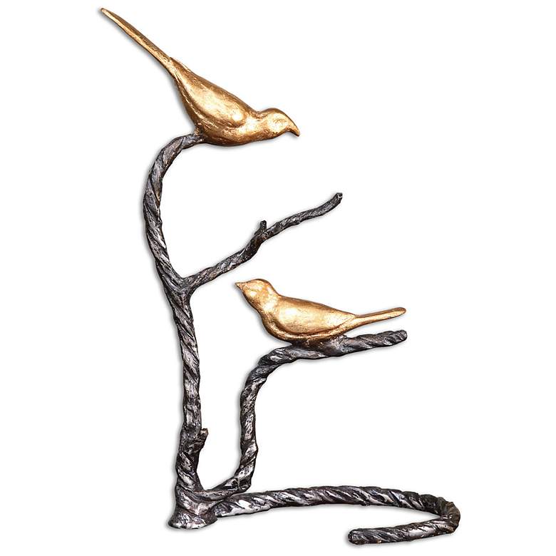 Image 2 Birds On A Limb 18"H Wrought Iron Gold Metal Sculpture