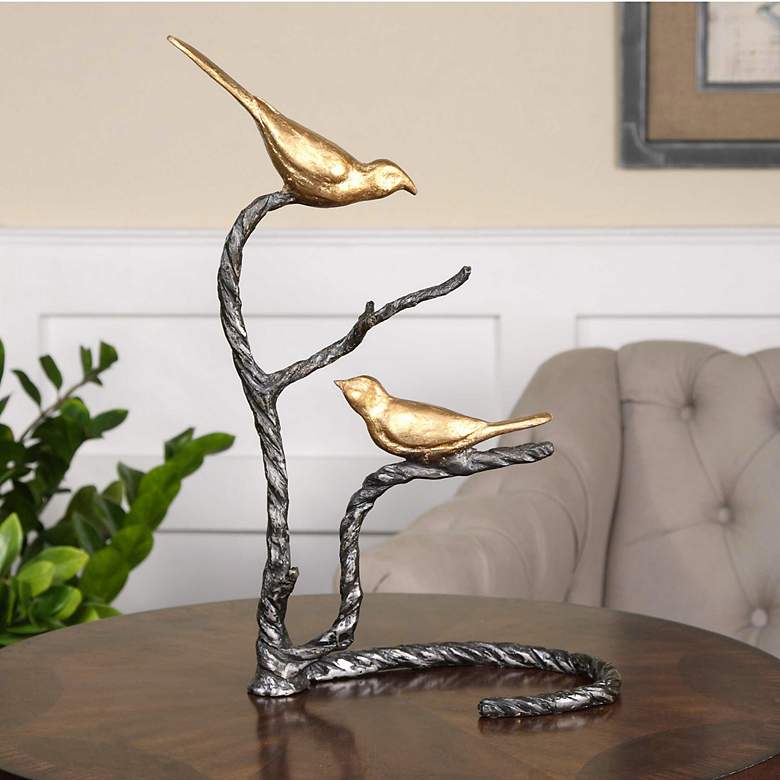 Image 1 Birds On A Limb 18"H Wrought Iron Gold Metal Sculpture
