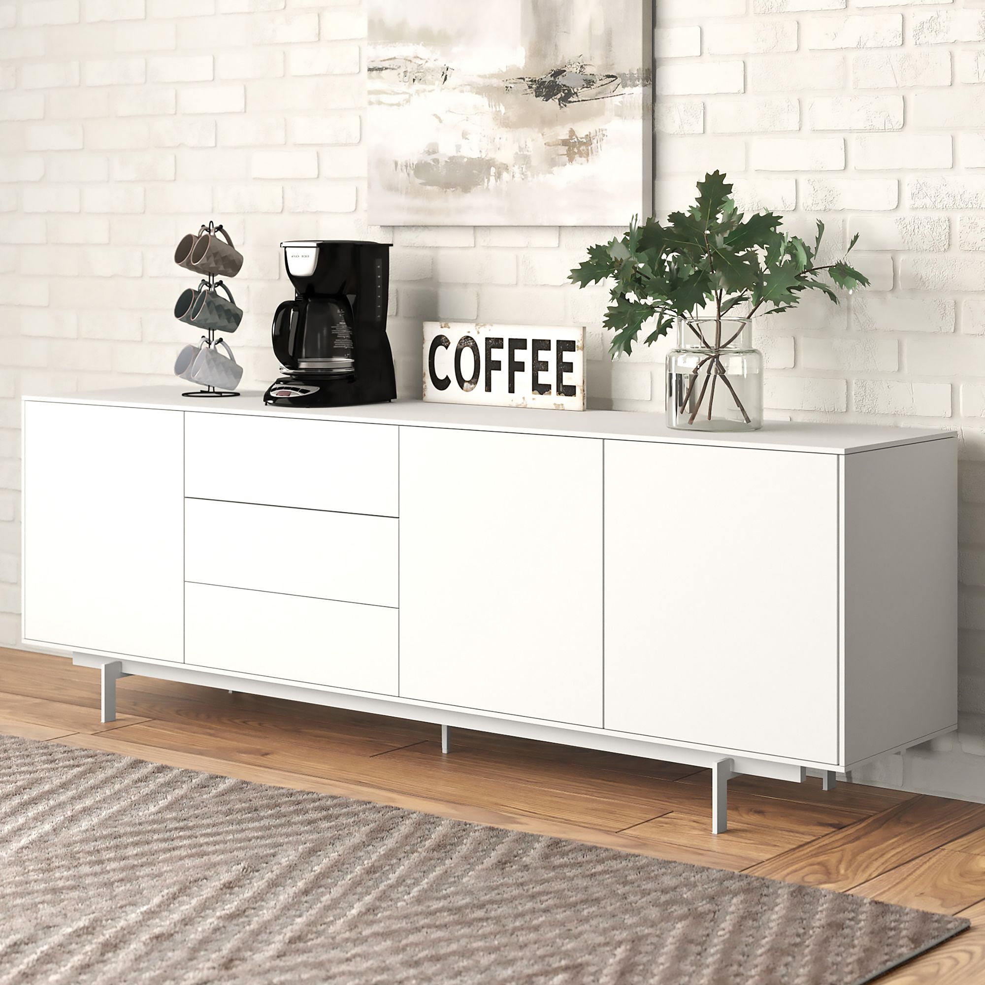 Image Birmingham 84" Wide White Wood 3-Door 3-Drawer Sideboard