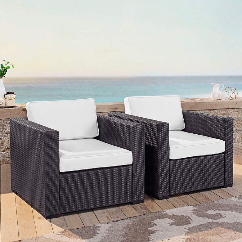 Image 1 Biscayne White Fabric Cushion Faux Wicker Outdoor Armchairs Set of 2