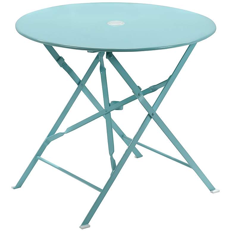 Image 1 Bistro 30" Teal Round Folding Outdoor Table With Umbrella Hole