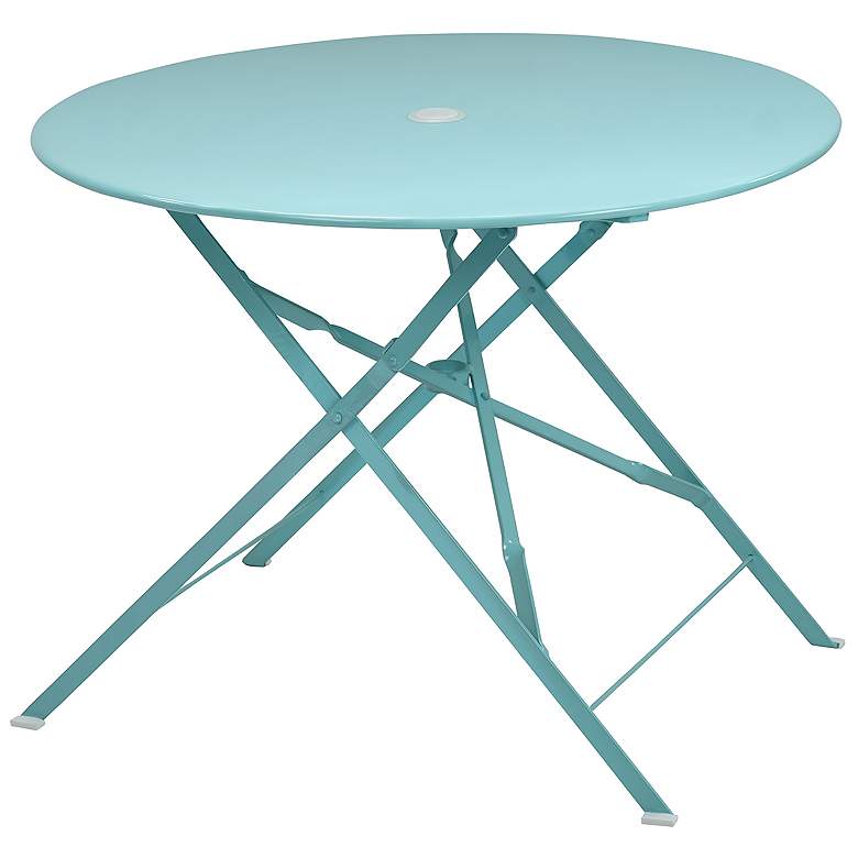 Image 1 Bistro 36 inch Teal Round Folding Outdoor Table With Umbrella Hole