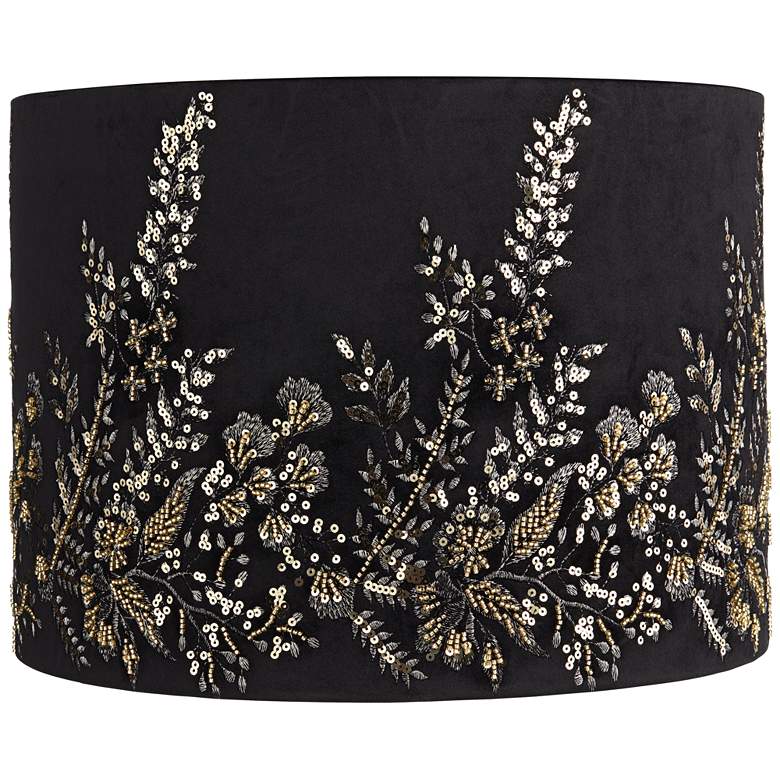 Image 1 Black and Gold Floral Velvet Drum Shade 15x15x11 (Spider)