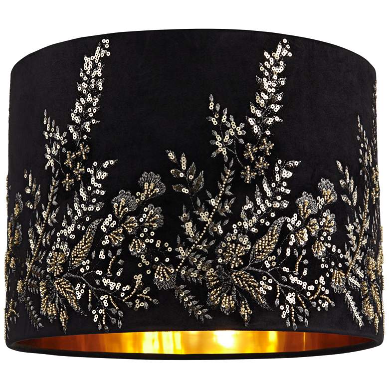 Image 3 Black and Gold Floral Velvet Drum Shade 15x15x11 (Spider) more views