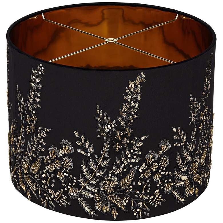 Image 4 Black and Gold Floral Velvet Drum Shade 15x15x11 (Spider) more views
