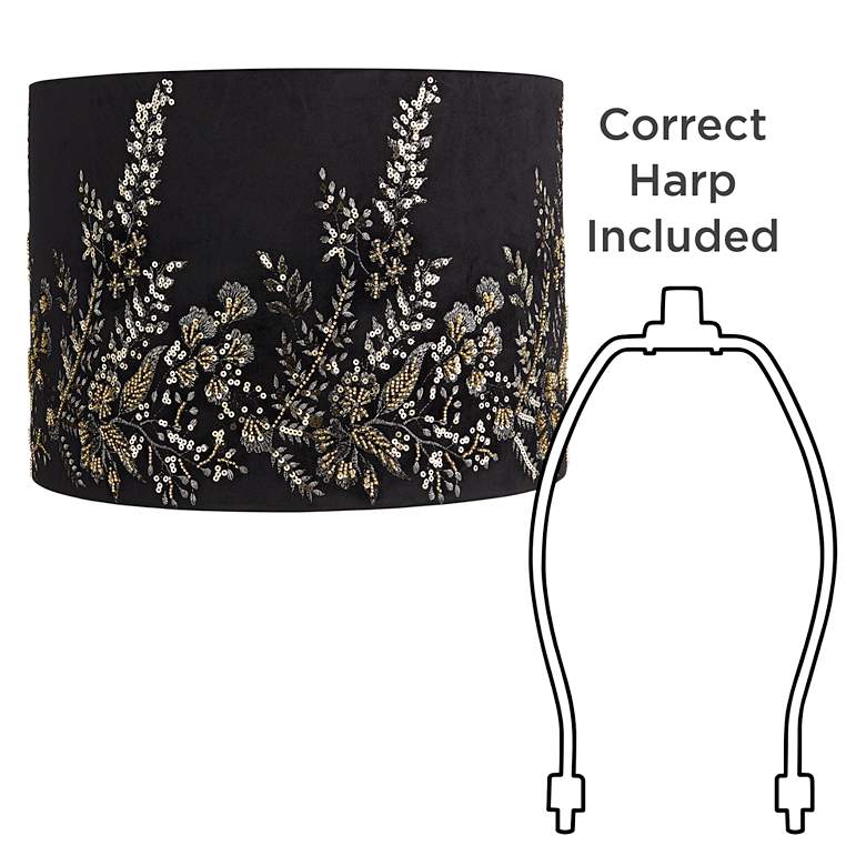 Image 6 Black and Gold Floral Velvet Drum Shade 15x15x11 (Spider) more views