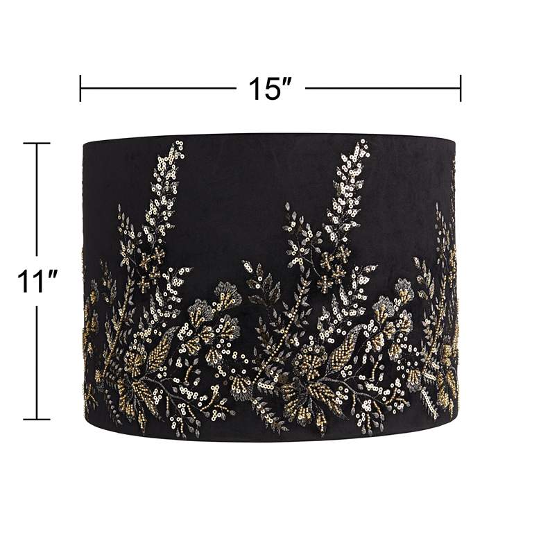 Image 7 Black and Gold Floral Velvet Drum Shade 15x15x11 (Spider) more views