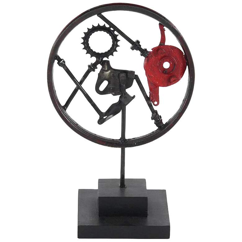 Image 1 Black and Red 20 inchH Iron And Wood Decorative Wheel Sculpture