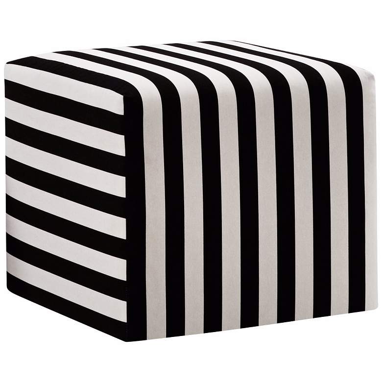 Black and White Canopy Stripe Upholstered Cube Ottoman