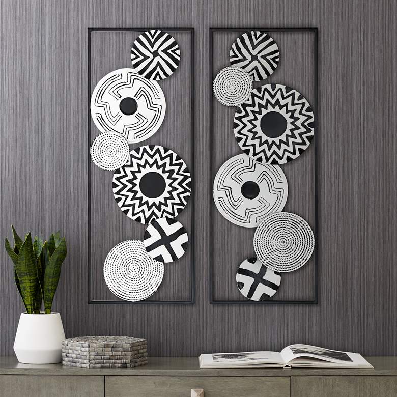 Black and White Discs 35 1/2&quot; High Metal Wall Art Set of 2