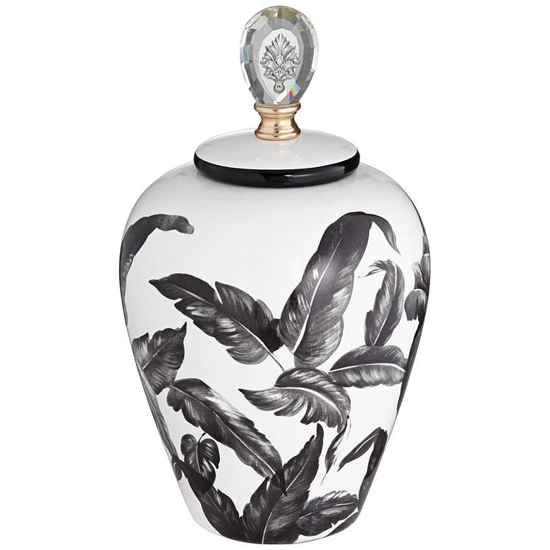 Image 1 Black and White Feathers 15"H Ceramic Canister w/ Lid
