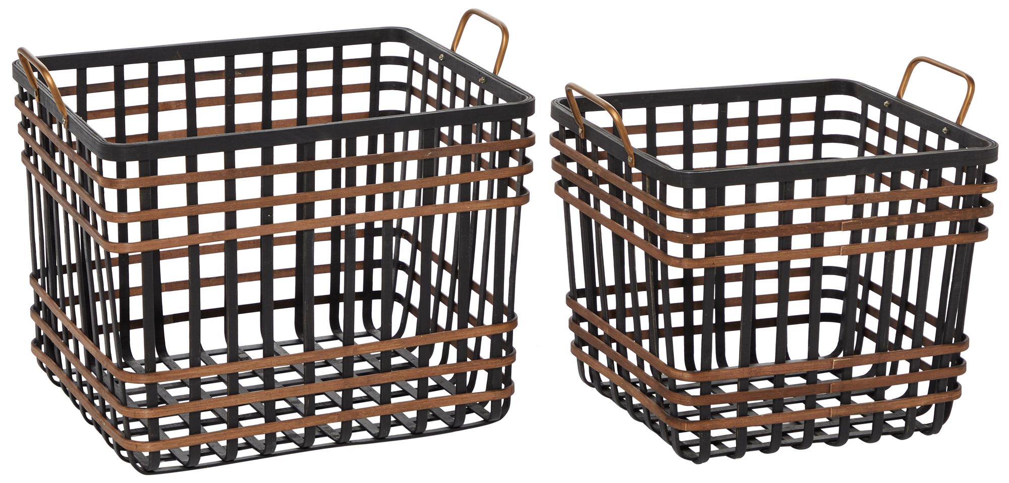 Image 2 Black Bamboo Wood Farmhouse Storage Basket, S/2 14", 24"W