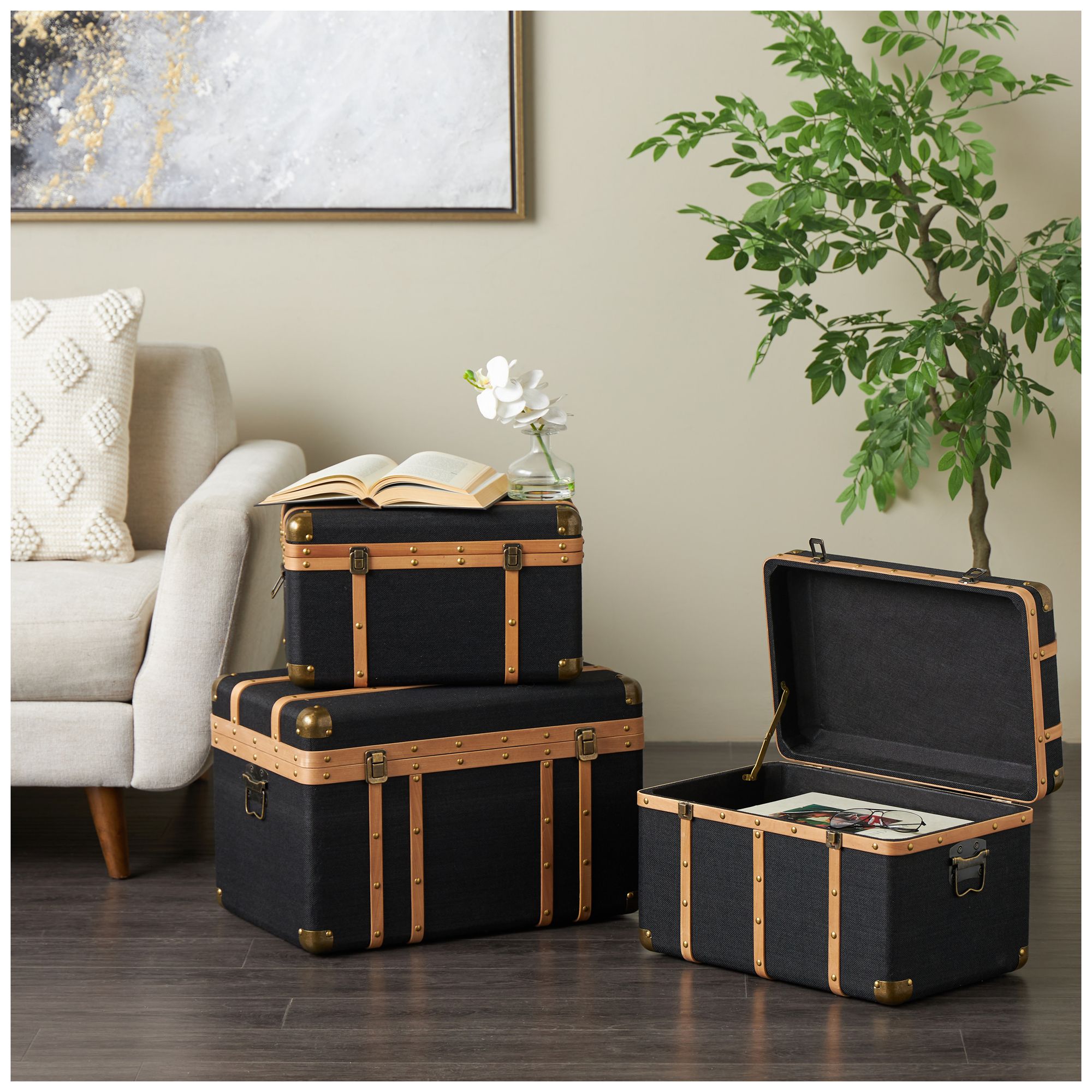 Image 4 Black Fabric Traditional Trunk, S/3 22", 20", 17"W more views