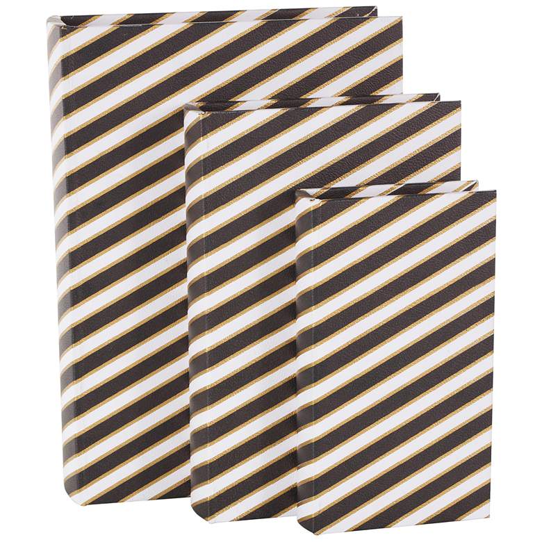 Image 1 Black Faux Leather Striped Storage Decorative Box, Set of 3 13", 11", 9"H
