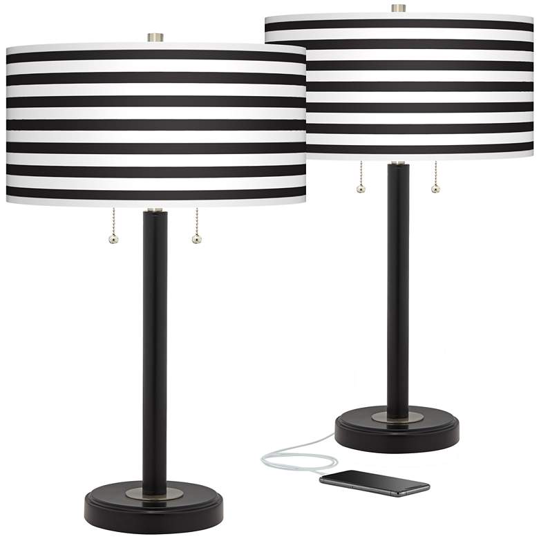 Image 1 Black Horizontal Stripe Arturo USB Table Lamps Set of 2