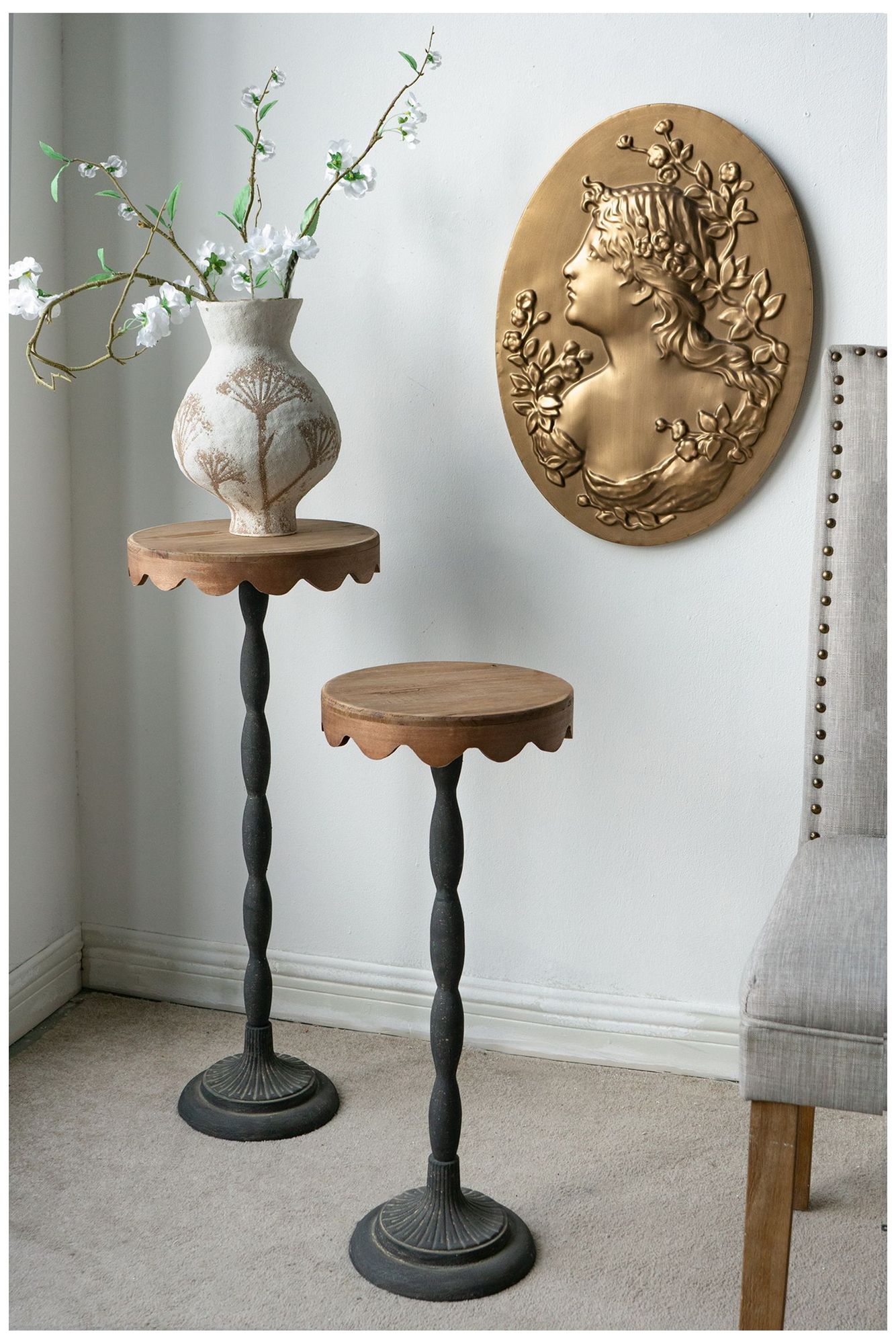 Black Iron Side Table w/ Scalloped Brown Wooden Top