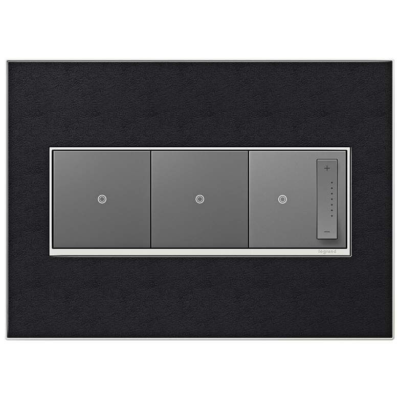 Image 1 Black Leather 3-Gang Metal Wall Plate with 2 Switches and Dimmer