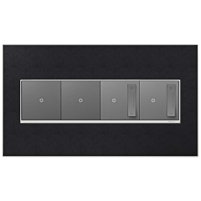 Image 1 Black Leather 4-Gang Wall Plate with 2 Switches and 2 Dimmers