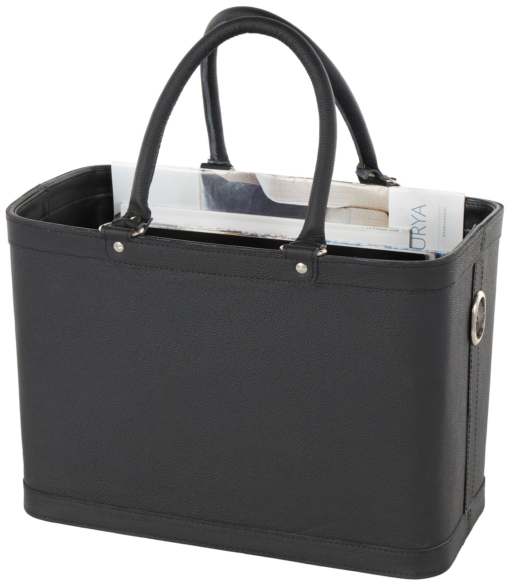 Image 2 Black Leather Modern Magazine Holder, 15" x 9" x 17"