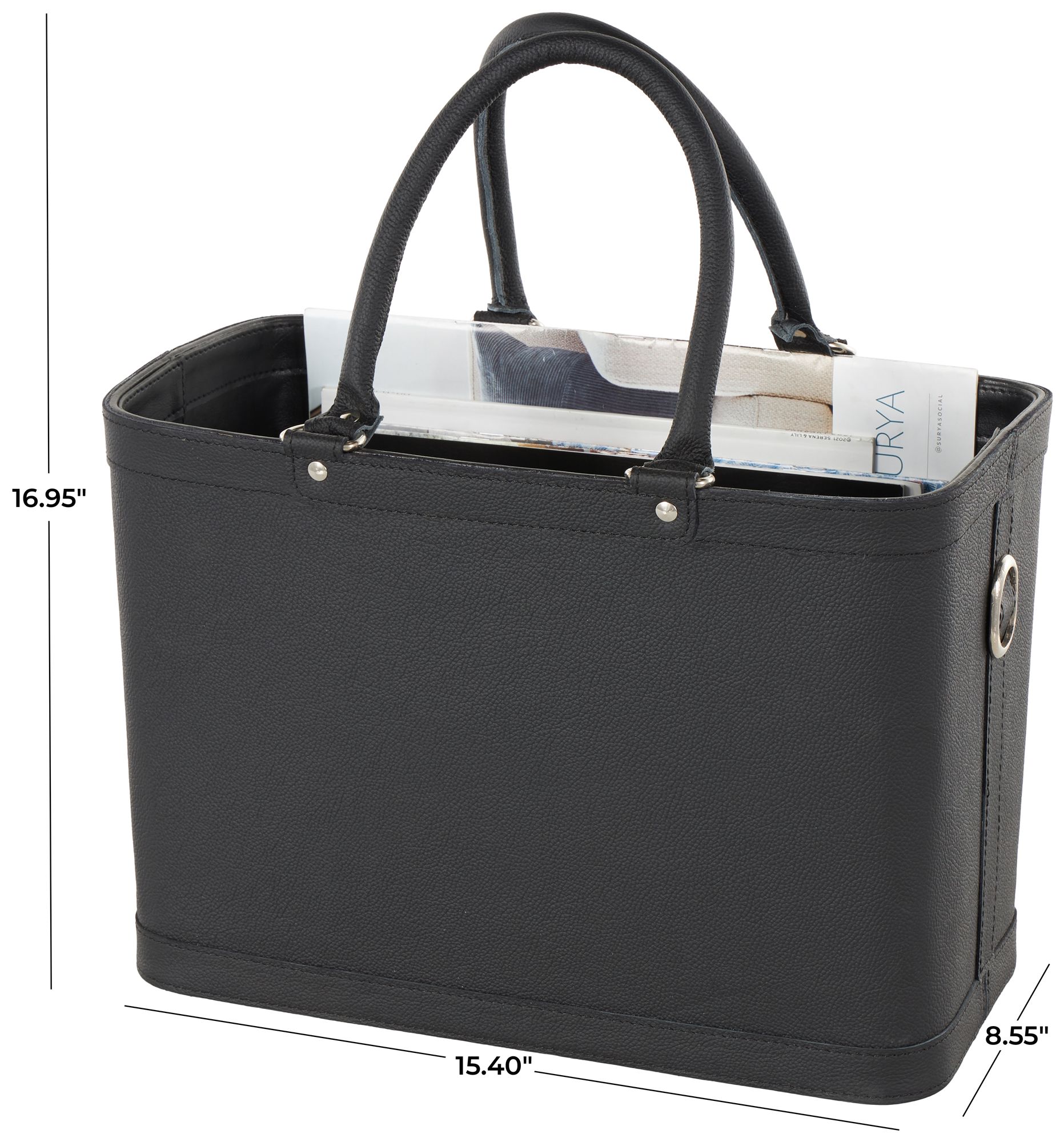 Image 7 Black Leather Modern Magazine Holder, 15" x 9" x 17" more views