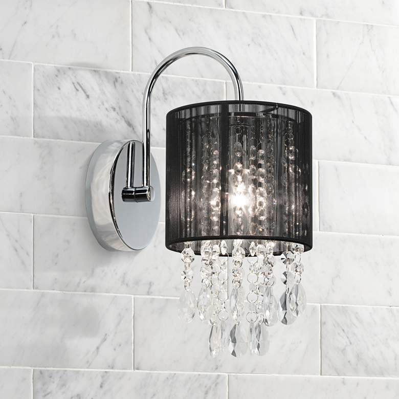 Image 1 Black Line Shade 12" High Chrome Crystal Wall Sconce