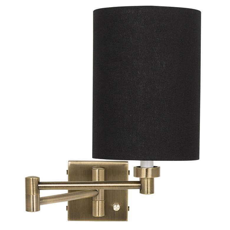 Image 1 Black Linen Cylinder Shade Antique Brass Plug-In Swing Arm