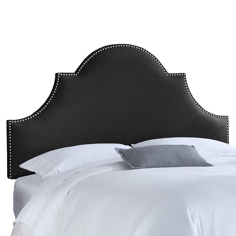 Image 1 Black Linen Queen Nail Button High Arch Notched Headboard