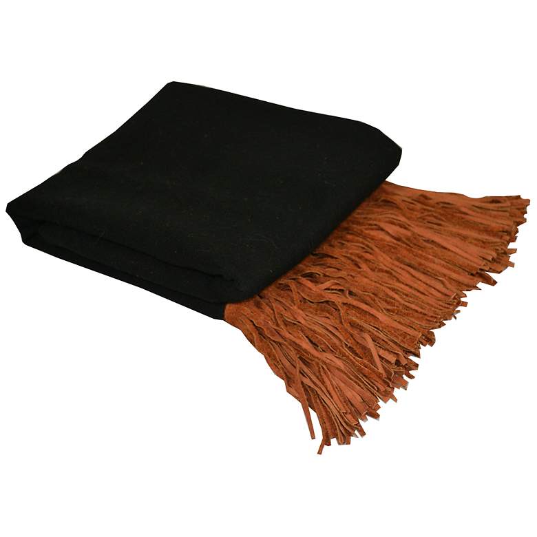 Image 1 Black Merino Wool Brown Suede Fringed Throw Blanket