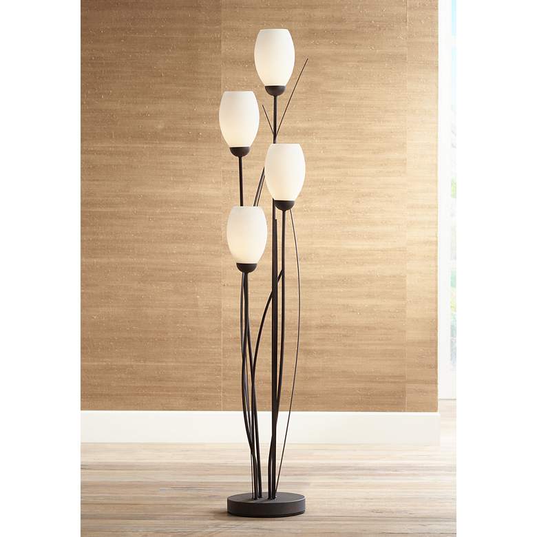 Image 1 Black Metal and White Glass Tulip Floor Lamp with 17W LED Bulbs