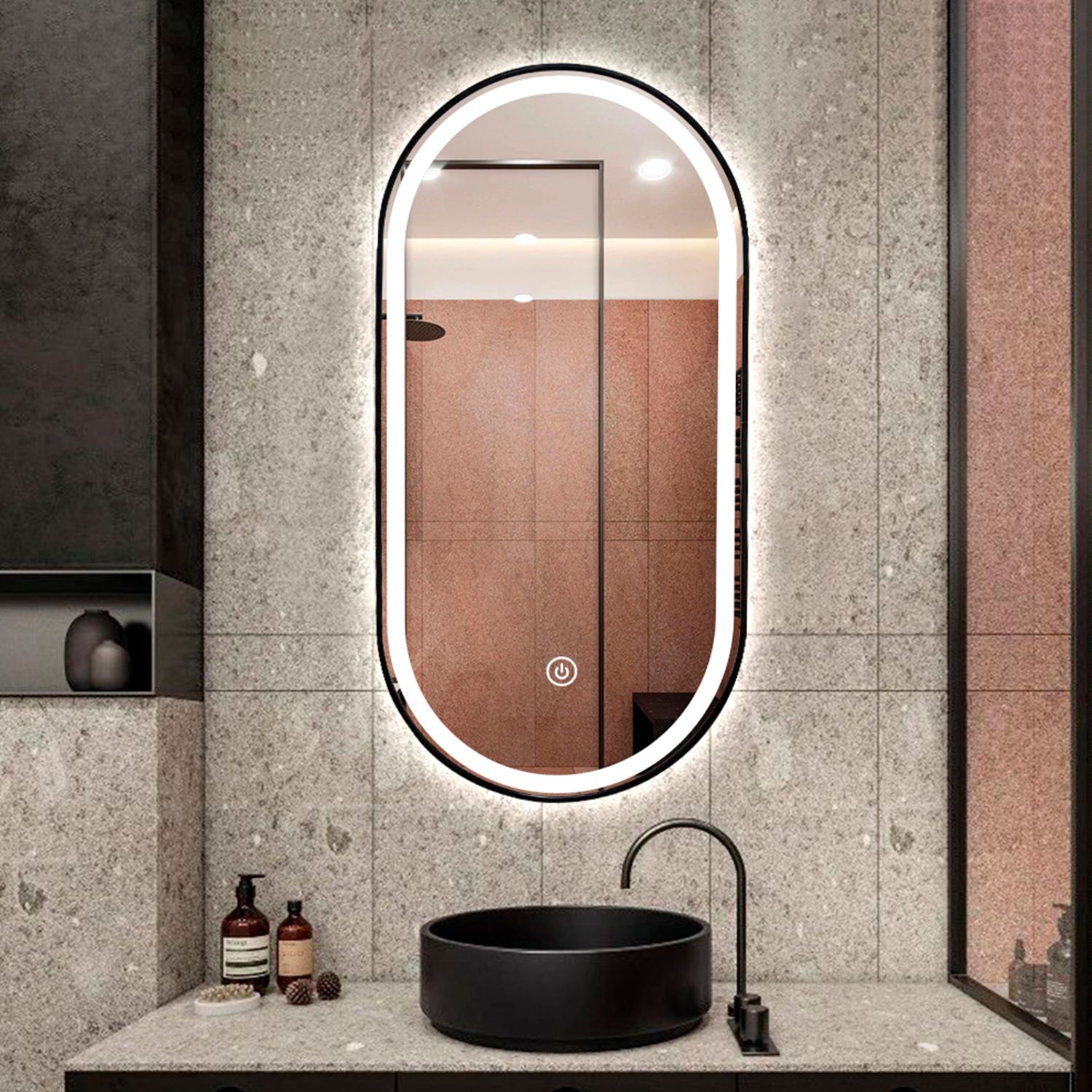 Image 4 Black Metal Oval Fog Free Framed LED Bathroom Mirror 39.5 in. x 23.6 in. more views