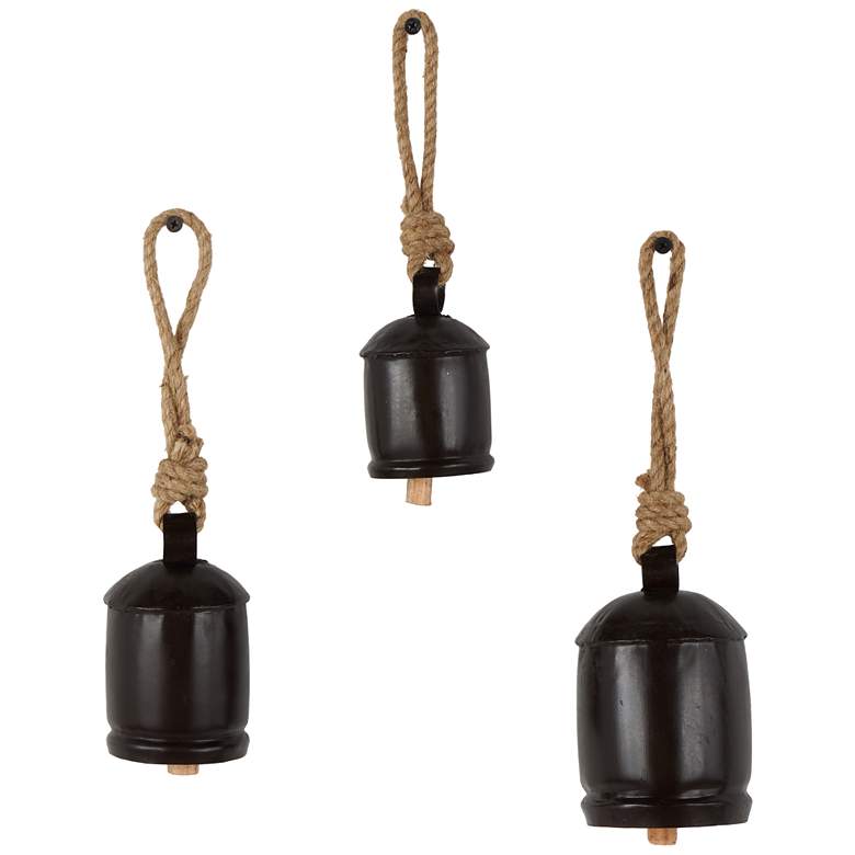 Image 1 Black Metal Rustic Decorative Cow Bells, S/3 4", 3", 2"H