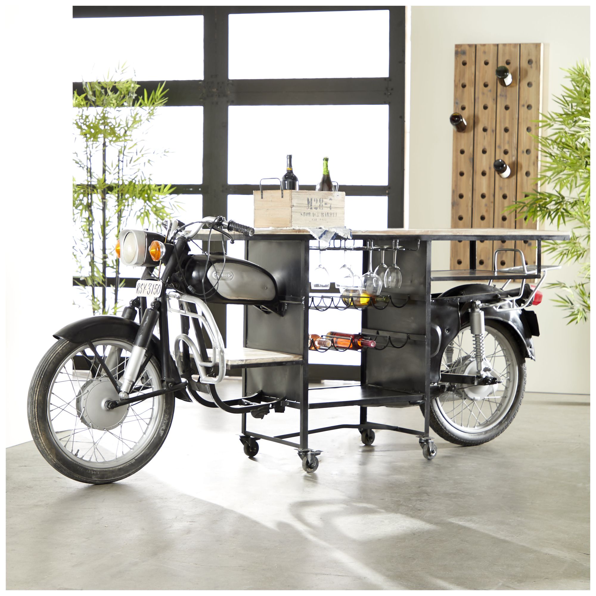 Image 4 Black Metal Rustic Motorcycle Bar, 105" x 18" x 38" more views