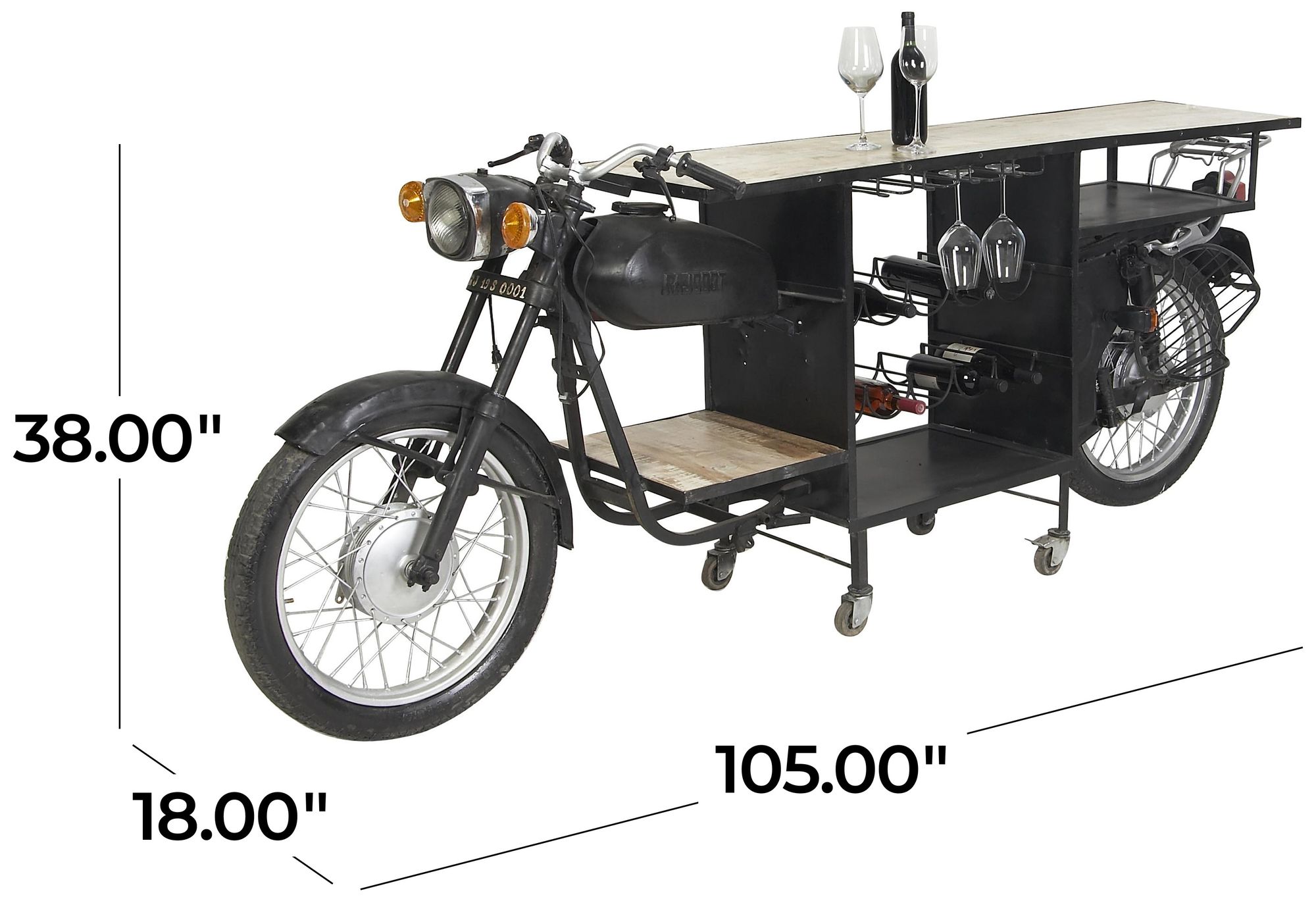 Image 7 Black Metal Rustic Motorcycle Bar, 105" x 18" x 38" more views