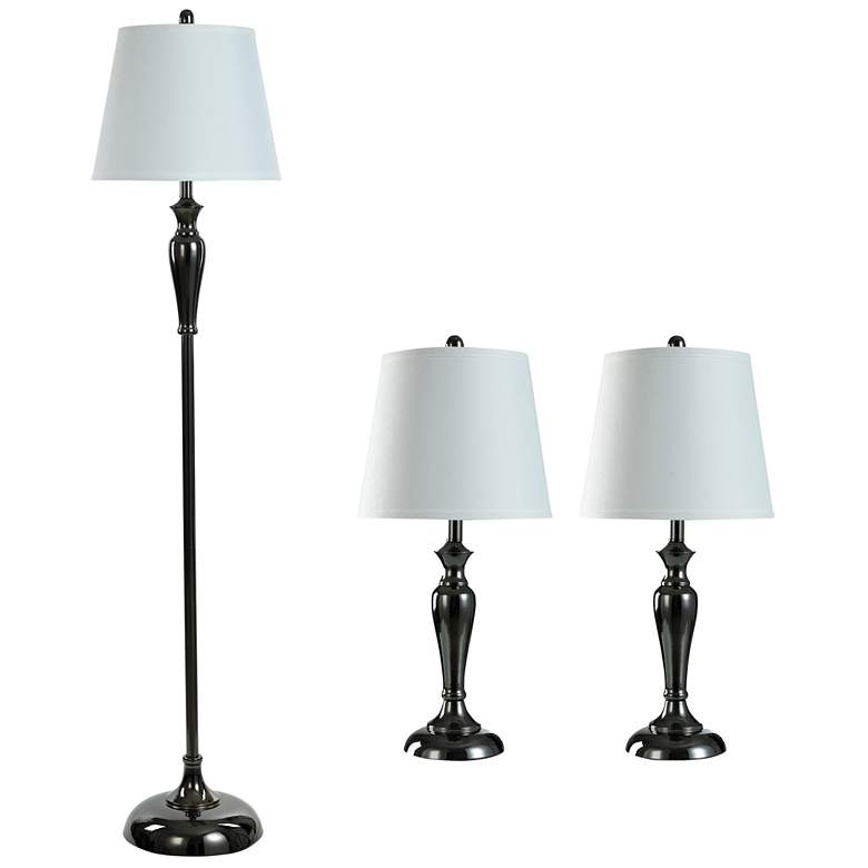 Image 1 Black Nickel Set - Two Table Lamps &amp; One Floor Lamp With White Shades