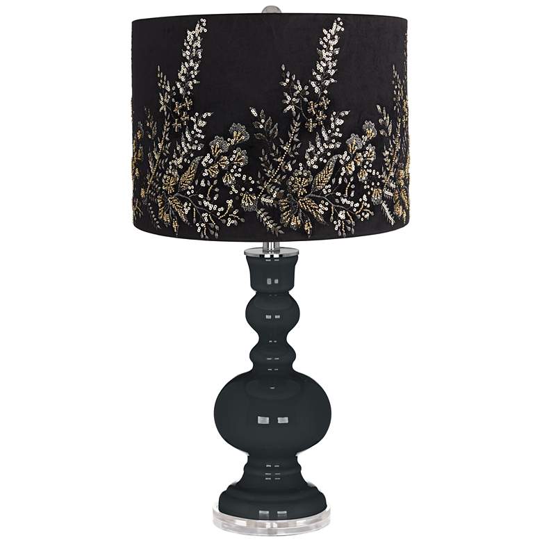 Black of Night Apothecary Table Lamp w/ Black Gold Beading Shade