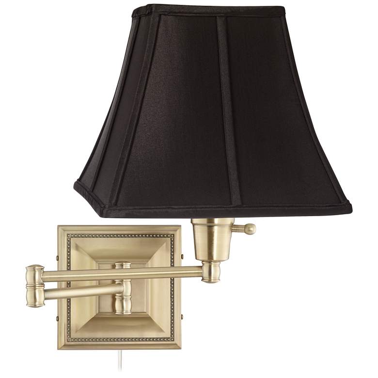 Image 1 Black Square Shade Brass Beaded Plug-In Swing Arm Wall Lamp