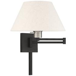 Black Swing Arm Wall Lamp with Oatmeal Fabric Empire Shade