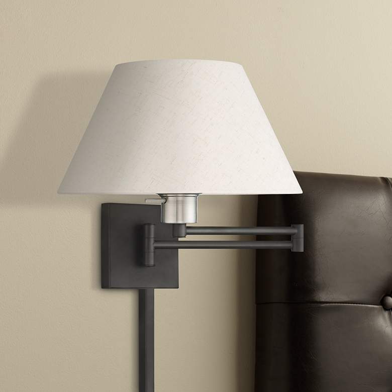 Black Swing Arm Wall Lamp with Oatmeal Fabric Empire Shade