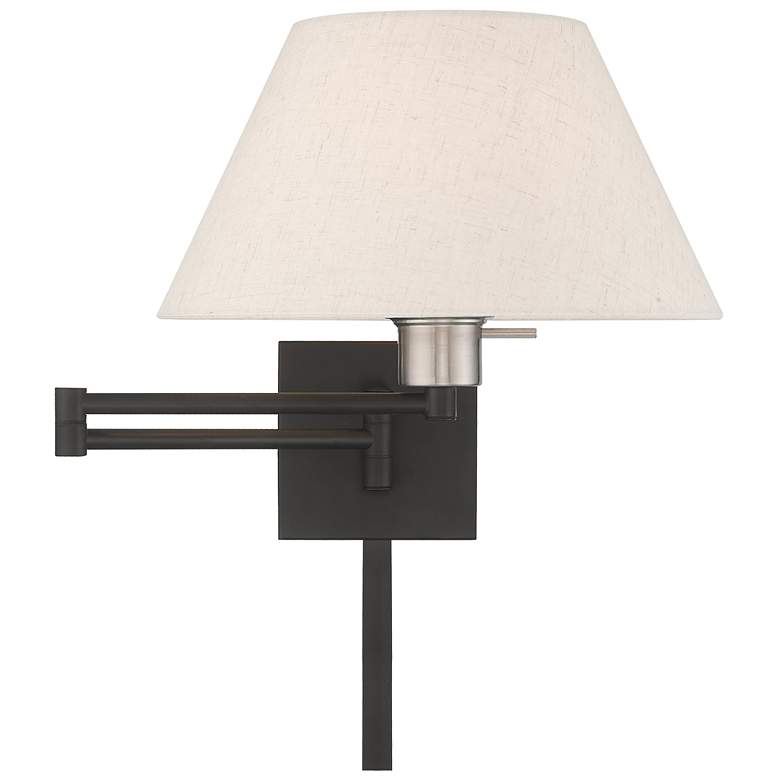 Black Swing Arm Wall Lamp with Oatmeal Fabric Empire Shade more views