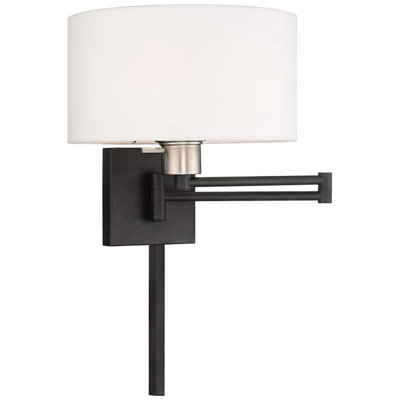 Image 2 Black Swing Arm Wall Lamp with Off-White Fabric Drum Shade