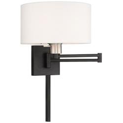 Black Swing Arm Wall Lamp with Off-White Fabric Drum Shade