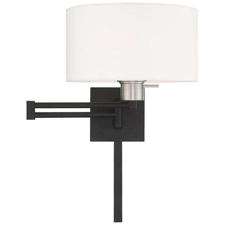 Black Swing Arm Wall Lamp with Off-White Fabric Drum Shade more views