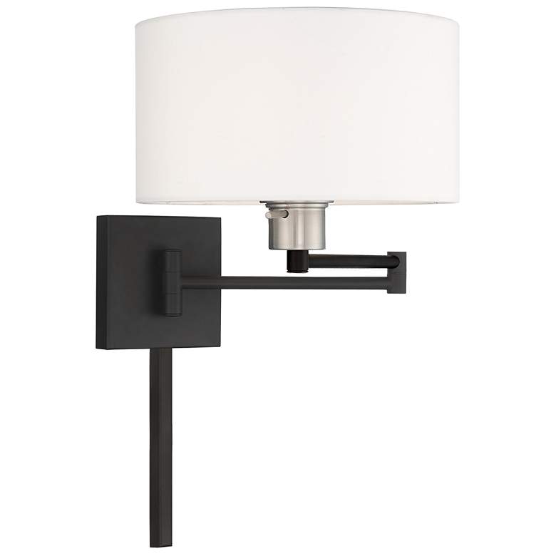 Image 4 Black Swing Arm Wall Lamp with Off-White Fabric Drum Shade more views